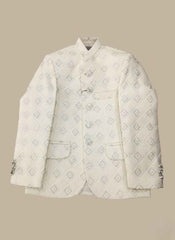 Off White Jamawar Dress Coat for Boys | Stitched Kids Wear