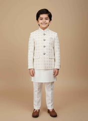 Off White Jamawar Dress Coat for Boys | Stitched Kids Wear