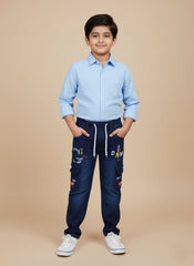 Boys’ Stylish Navy Blue Cargo Pants with Graphic Prints