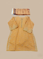 Elegant Mustard Embroidered Cotton 3PC Suit with Chiffon Dupatta