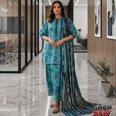 3 PC Unstitched Lawn Fabric Suit – Floral & Striped Designs for Women