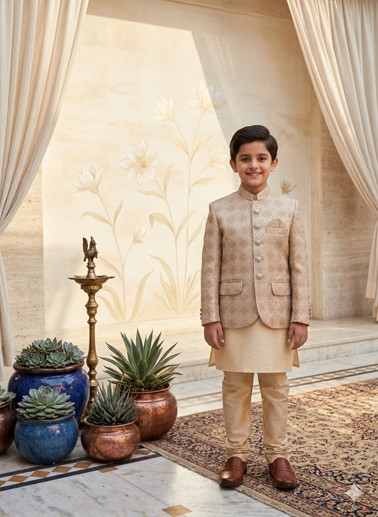 Light Gold Jamawar Dress Coat for Boys | Gelani Kids