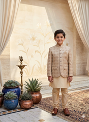 Light Gold Jamawar Dress Coat for Boys | Gelani Kids