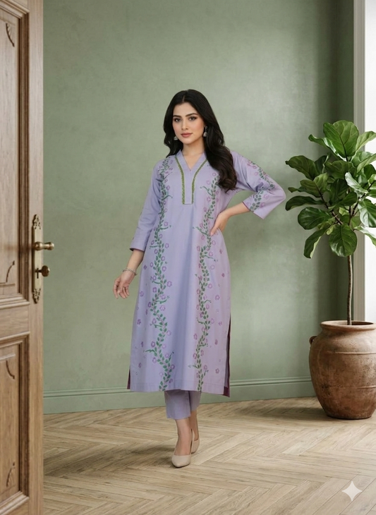 Women’s Hand-Painted Floral Lavender Kurta Sweater – 2-Piece Stitched Set