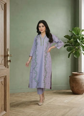 Women’s Hand-Painted Floral Lavender Kurta Sweater – 2-Piece Stitched Set