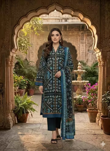 Elegant Women’s Ethnic Dress – Black & Blue Printed Traditional Suit