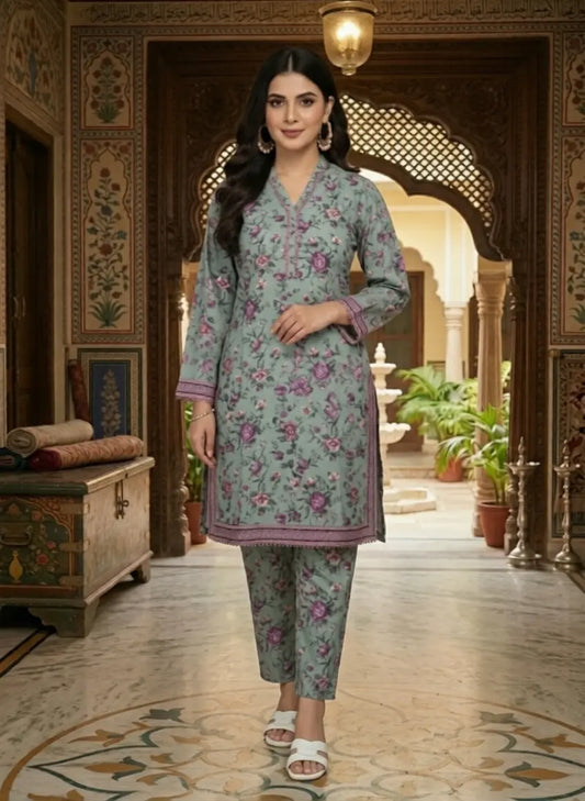 Fresh Women’s Floral Suit – Light Blue Printed Tunic & Trousers Set