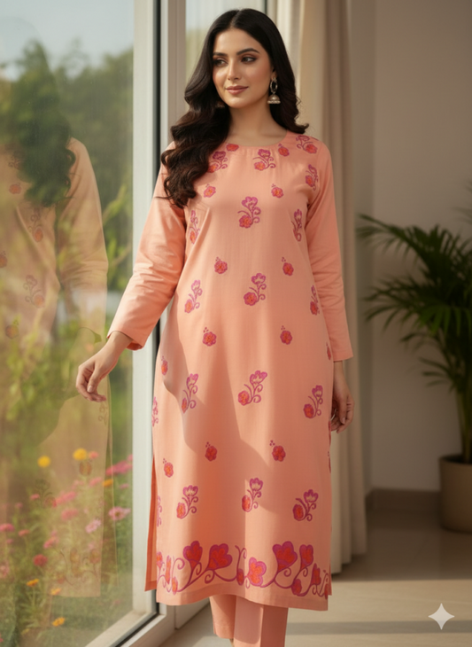 Hand-Painted Peach Cotton Kurta for Women – Floral Design Stitched 2-Piece