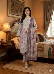 Elegant Women’s Printed Suit – Beige & Maroon Traditional Patterned Wear