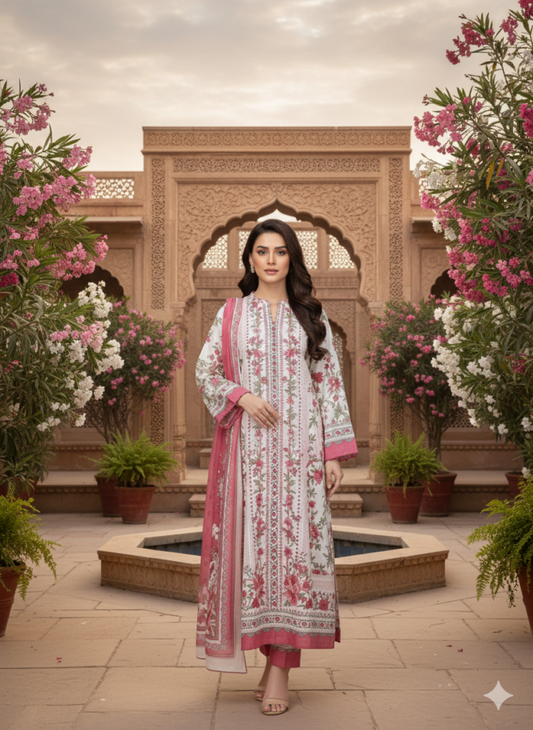 Premium Pink Floral Lawn Suit 3-Piece Unstitched Fabric