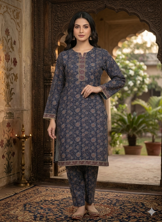 Women’s Floral Suit – Navy Printed Tunic & Trousers Set