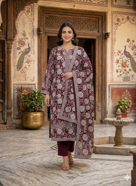 Women’s Khaddar Printed 3-Piece Suit – Elegant Maroon & White Floral Design