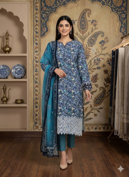 Women’s Blue Floral Printed Lawn Suit with Dupatta