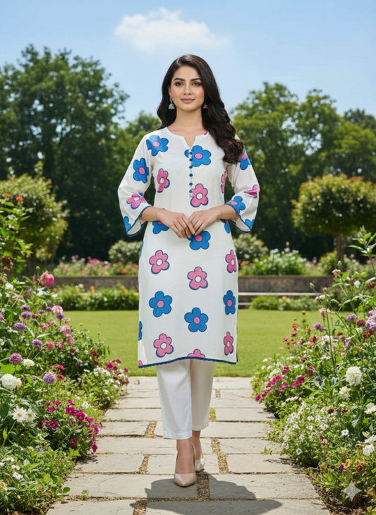 Hand-Painted Blue & Pink Floral for Women – 2 Piece Stitched Suit