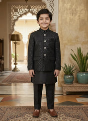 Black Jamawar Dress Coat for Boys | Stitched Kids Wear