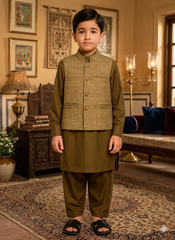 Boys’ Olive Kameez Shalwar with Textured Beige Waistcoat – Elegant Ethnic 3-Piece Set