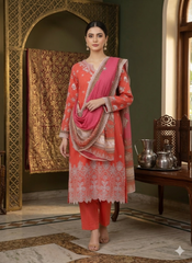Elegant Embroidered Coral Red 3 Piece Lawn Suit for Women