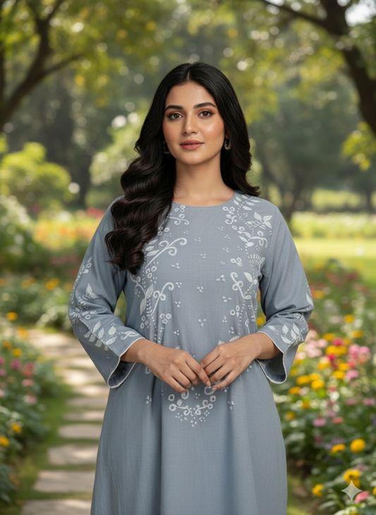 Hand-Painted Blue Kurta for Women – Embroidered 2-Piece Cotton Suit
