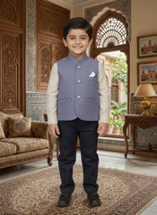 Slate Blue Waistcoat for Boys | Stitched Kids Formal Wear – Elegant Ethnic Outfit
