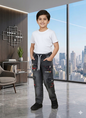 Kids Black Cargo Jeans with Embroidery & Drawstring
