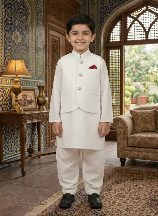 Off White Waistcoat for Boys | Stitched Kids Formal Wear – Elegant Ethnic Outfit