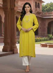 Handmade Embroidered Yellow Tunic Dress – Traditional Folk Style