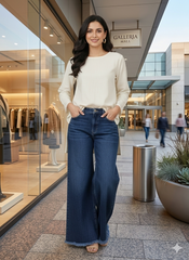 Women’s High-Waisted Wide Leg Denim Jeans with Frayed Hem