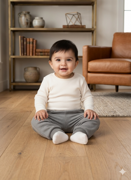Cozy Grey Ribbed Baby Pants with Bear Embroidery