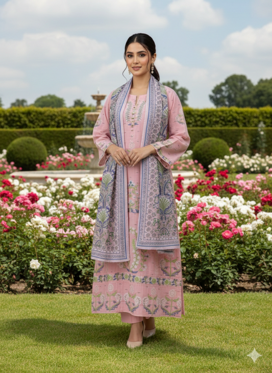 Pink Cotton Embroidered Kurta Set with Dupatta