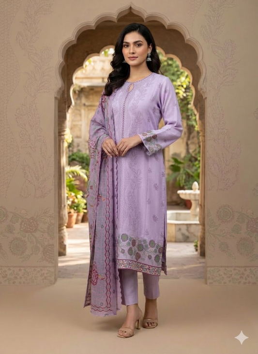 Elegant Lavender Cotton Embroidered 3-Piece Suit for Women