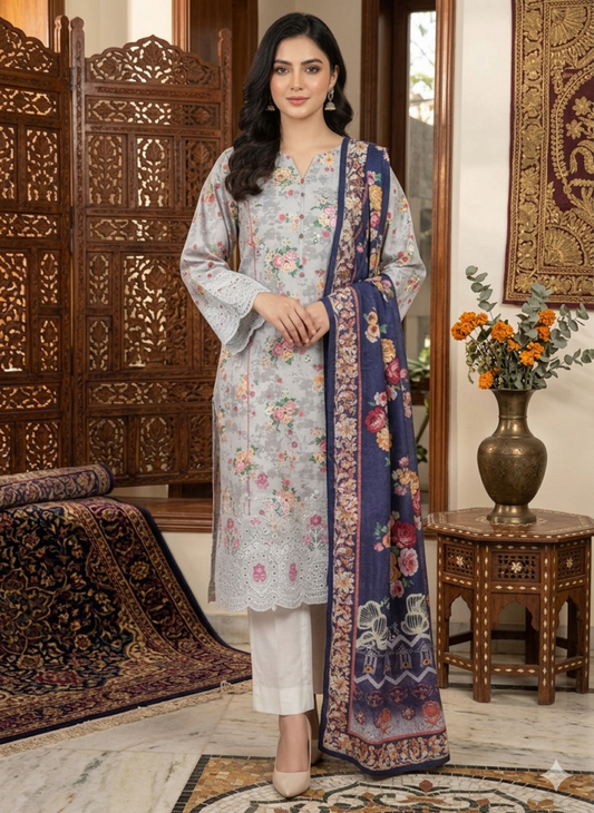 Elegant Embroidered Chikan Kari Suit with Floral Prints – Unstitched 3-Piece