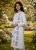 Hand-Painted White Cotton Dress with Pink & Grey Floral Design Stitched 2-Piece