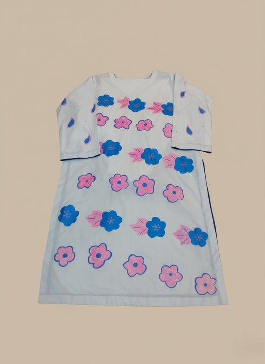 Hand-Painted Blue & Pink Floral for Women – 2 Piece Stitched Suit