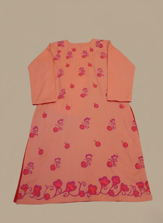 Hand-Painted Peach Cotton Kurta for Women – Floral Design Stitched 2-Piece