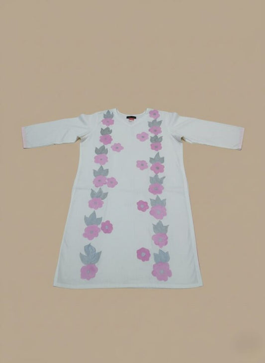 Hand-Painted White Cotton Dress with Pink & Grey Floral Design Stitched 2-Piece