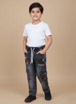 Kids Black Cargo Jeans with Embroidery & Drawstring