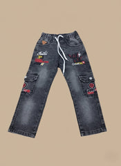 Kids Black Cargo Jeans with Embroidery & Drawstring