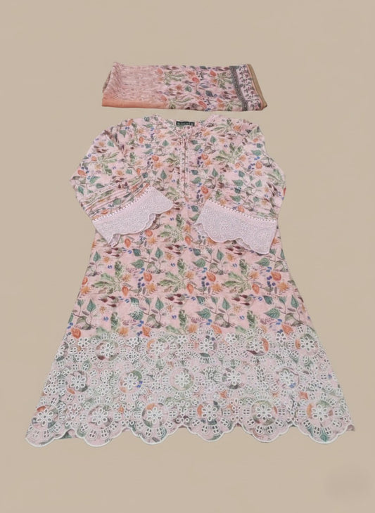 Pink Floral Embroidered Lawn Suit 3-Piece