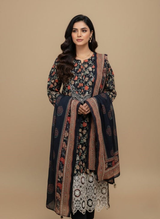 Traditional Embroidered 3 Piece Lawn Suit with Dupatta