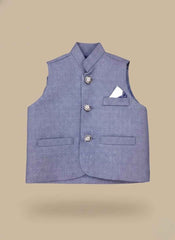 Slate Blue Waistcoat for Boys | Stitched Kids Formal Wear – Elegant Ethnic Outfit
