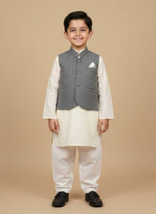 Charcoal Gray Waistcoat for Boys | Stitched Kids Wear – Elegant Ethnic Outfit