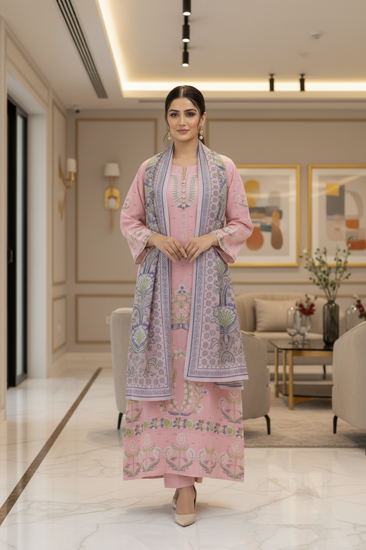 Pink Cotton Embroidered Kurta Set with Dupatta