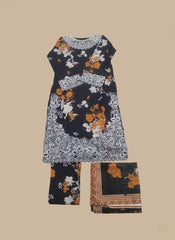 Elegant Women’s Floral 3PC Suit – Black, Orange & White Printed Traditional Wear