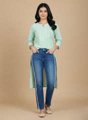 Women’s Blue Denim Jeans with White Side Stripes – Trendy & Comfortable