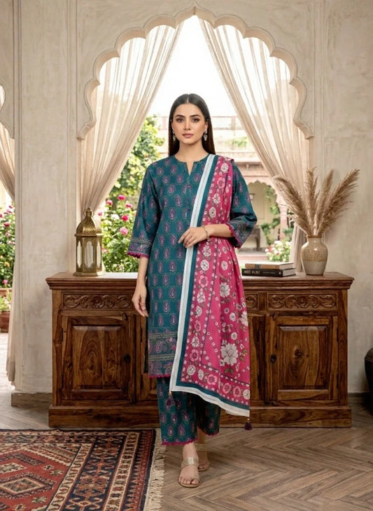 Alkaram Studio Grey & Pink Paisley 3 PC Unstitched Lawn Suit