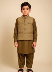 Boys’ Olive Kameez Shalwar with Textured Beige Waistcoat – Elegant Ethnic 3-Piece Set