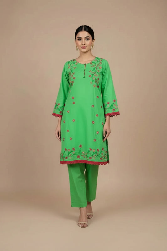 Hand Painted 2 Piece Cotton Suit – Light Green Women’s Wear