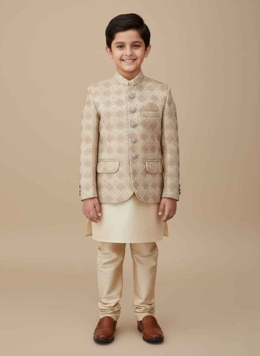 Light Gold Jamawar Dress Coat for Boys | Gelani Kids