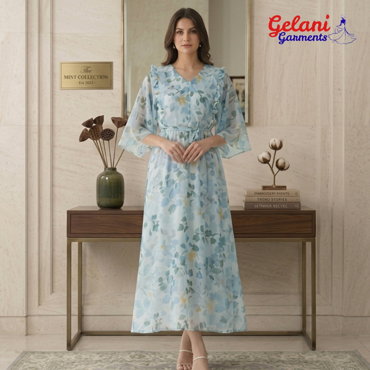 Printed Shiffon Maxi for Girls in Pakistan | Gelani Blue
