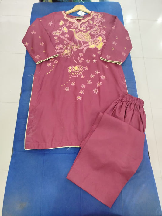 Hand Printed Maroon Cotton Suit | Gelani Girls Summer Wear